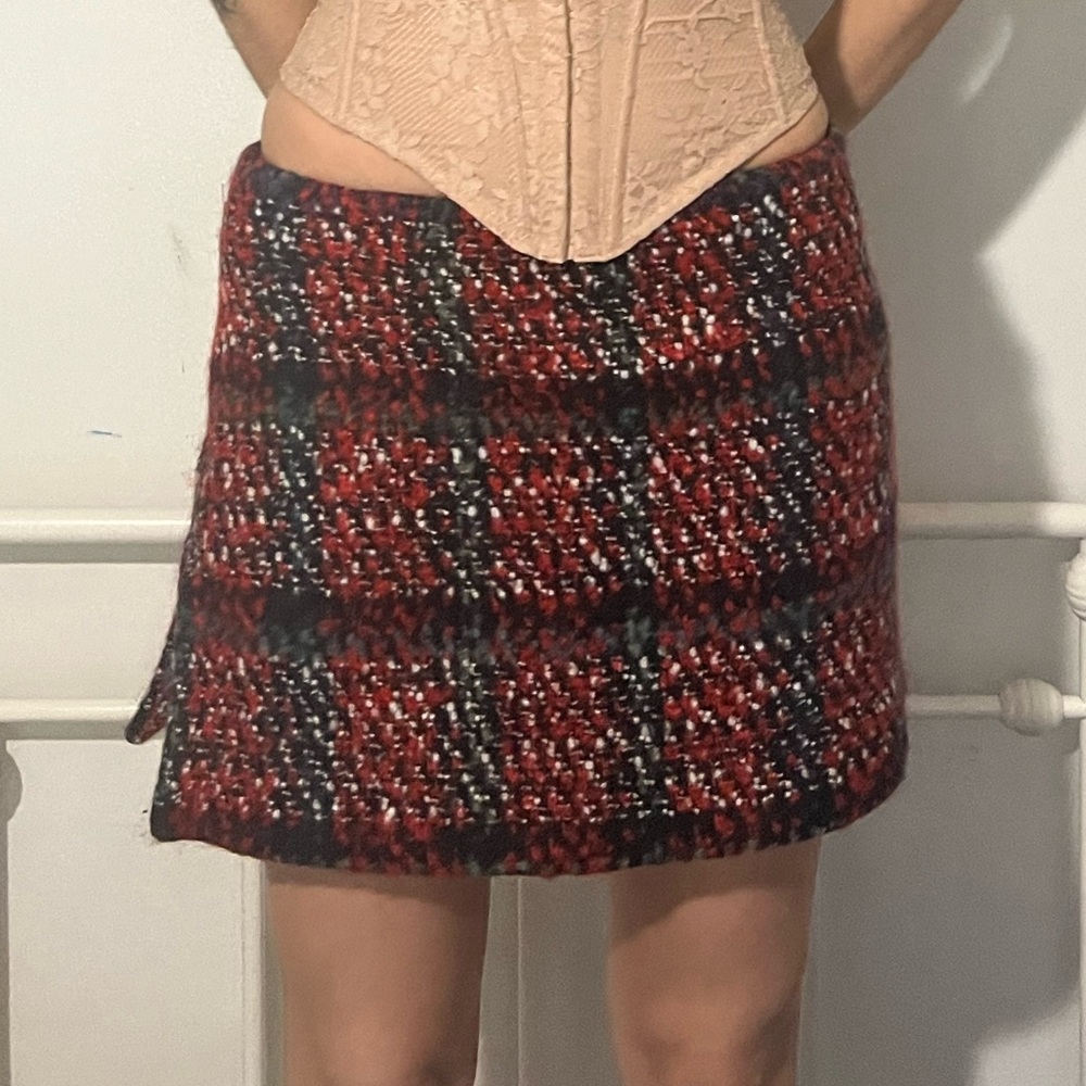 Jil Sander Red and Black Plaid Mini Skirt